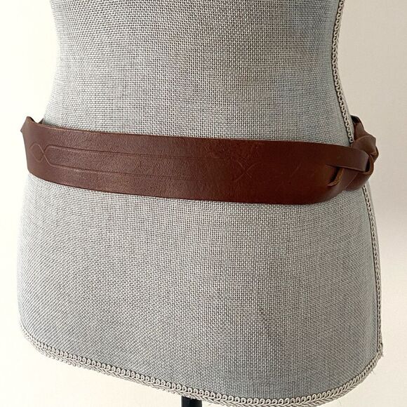 Express Brown Woven Leather Belt Silver Buckle Sz S 27”- 32” Waist Boho Western main image 9